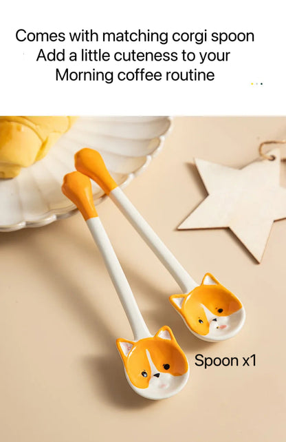 Cute Ceramic Corgi Mug with Lid and Spoon