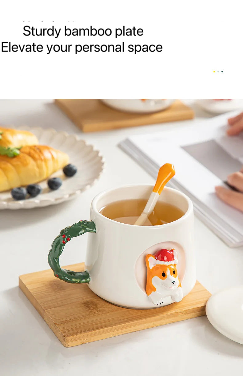 Cute Ceramic Corgi Mug with Lid and Spoon