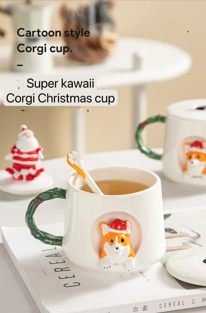 Cute Ceramic Corgi Mug with Lid and Spoon