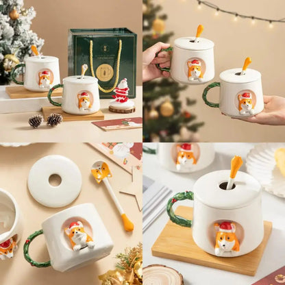 Cute Ceramic Corgi Mug with Lid and Spoon