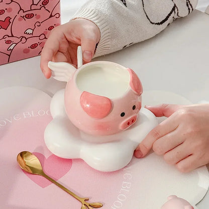 Cute pig mug with spoons and gift box