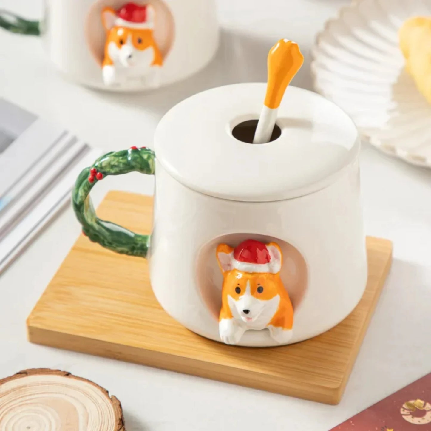 Cute Ceramic Corgi Mug with Lid and Spoon