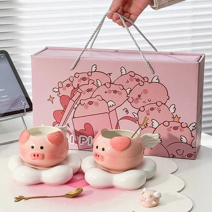 Cute pig mug with spoons and gift box