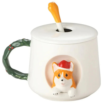 Cute Ceramic Corgi Mug with Lid and Spoon