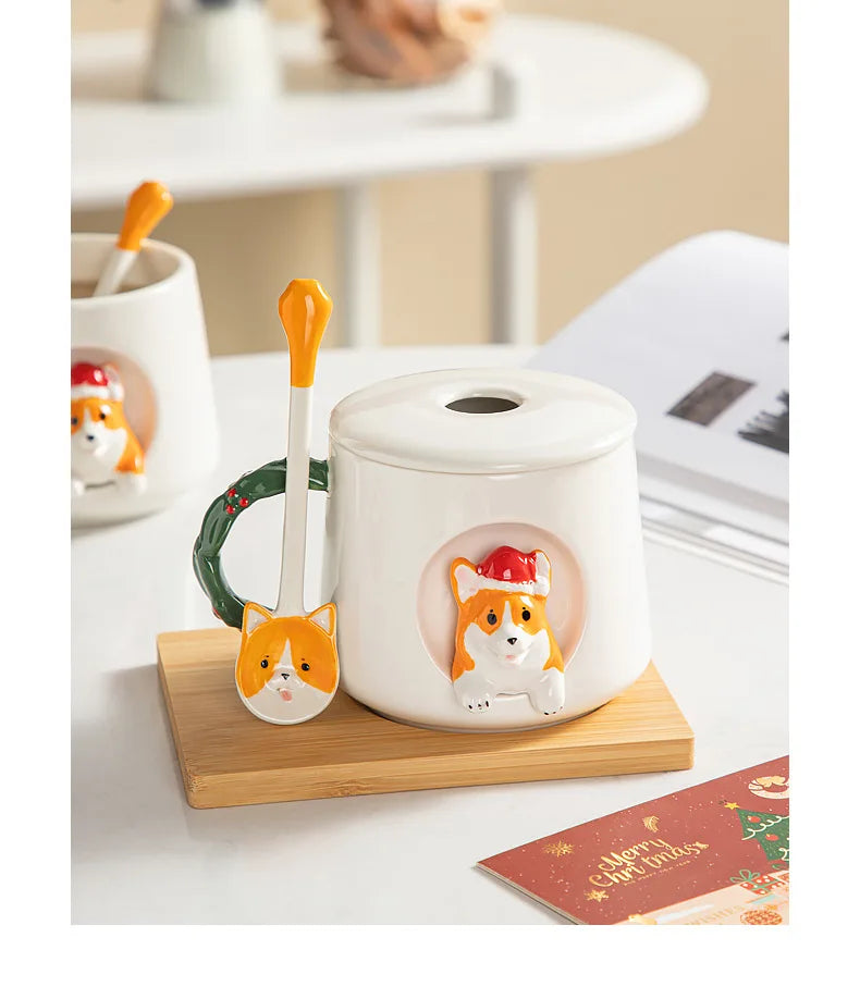 Cute Ceramic Corgi Mug with Lid and Spoon